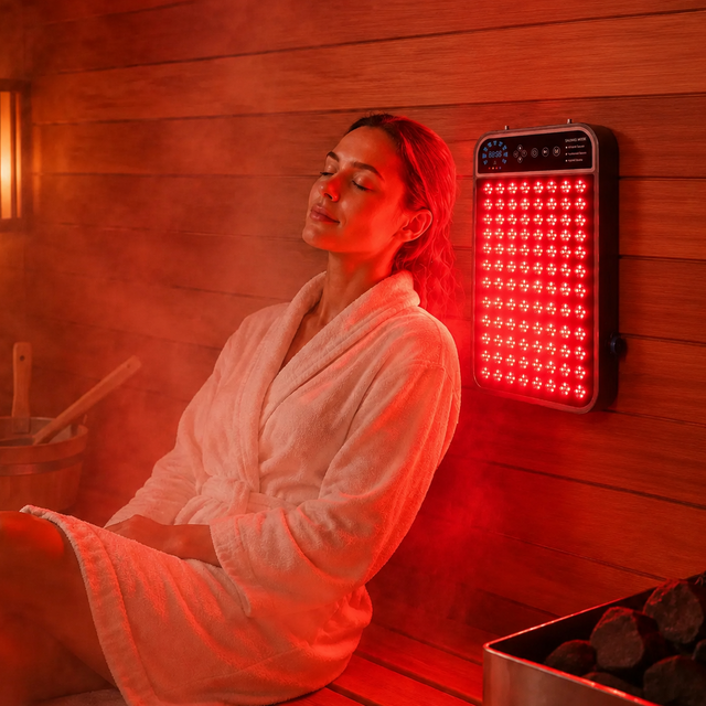 R&oslash;dt lysterapipanel til sauna med vandt&aelig;t og varmebestandig lille st&oslash;rrelse